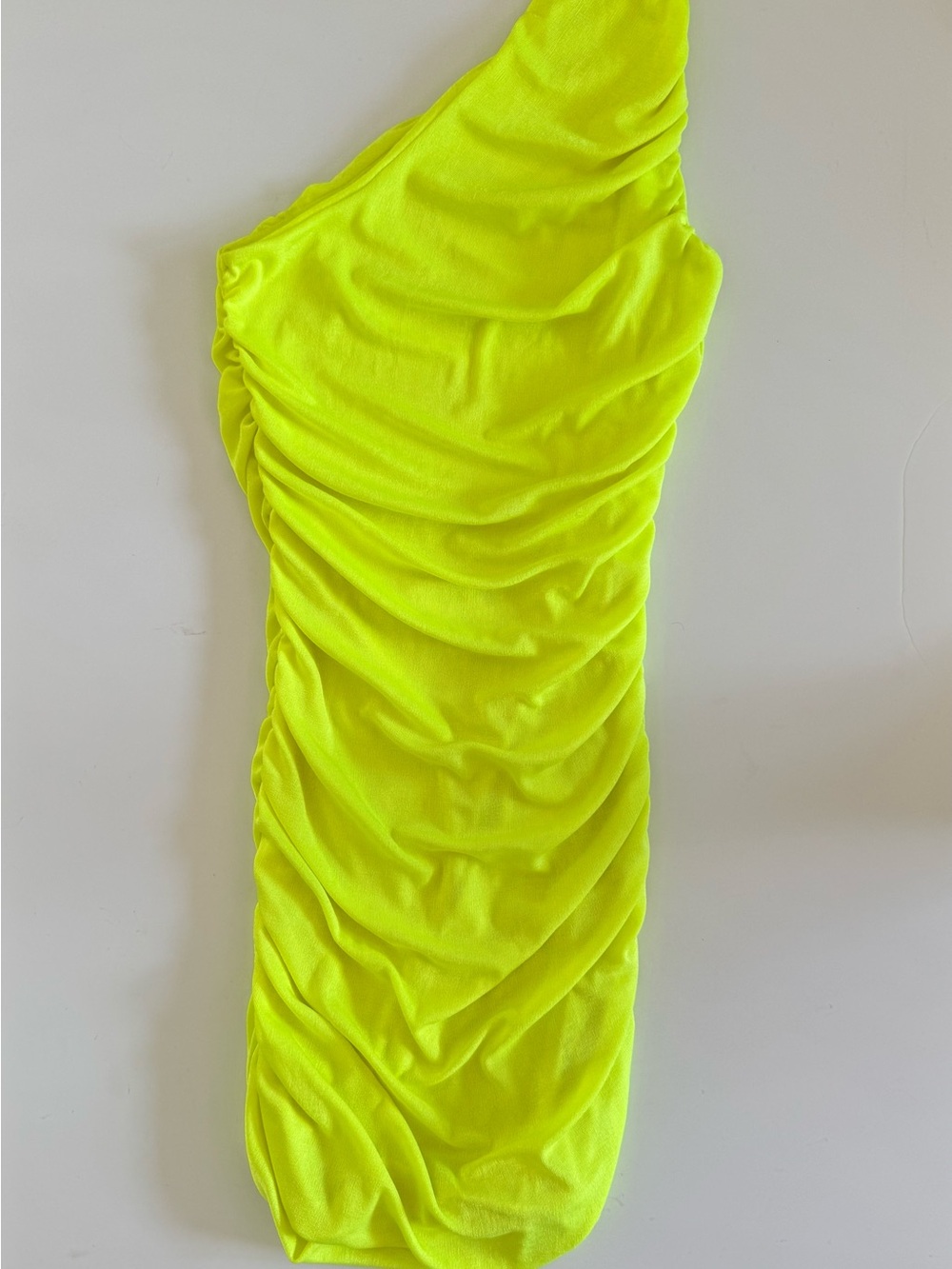 Amazon One-Shoulder Neon Lime Ruched Mini Dress - Picture 3 of 4
